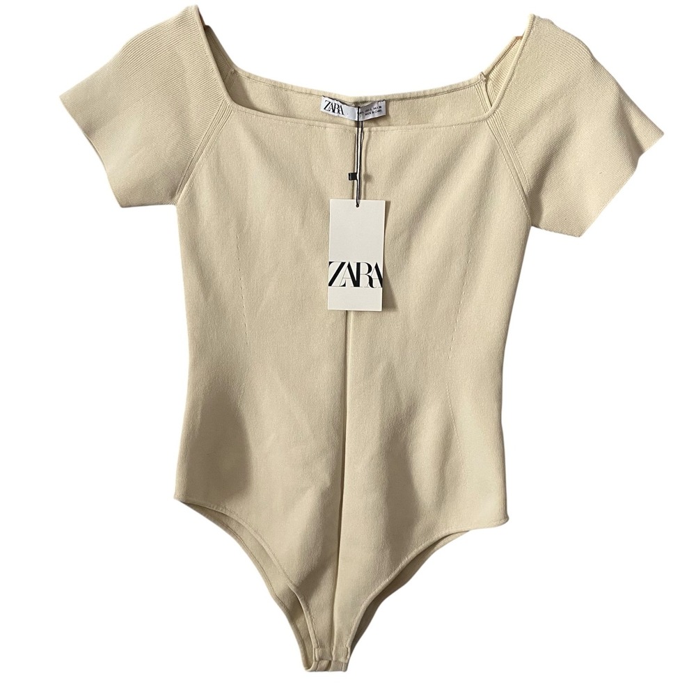 Zara Womens Ribbed Knit Square Neck Bodysuit Cream Beige Short Sleeve Size Lg